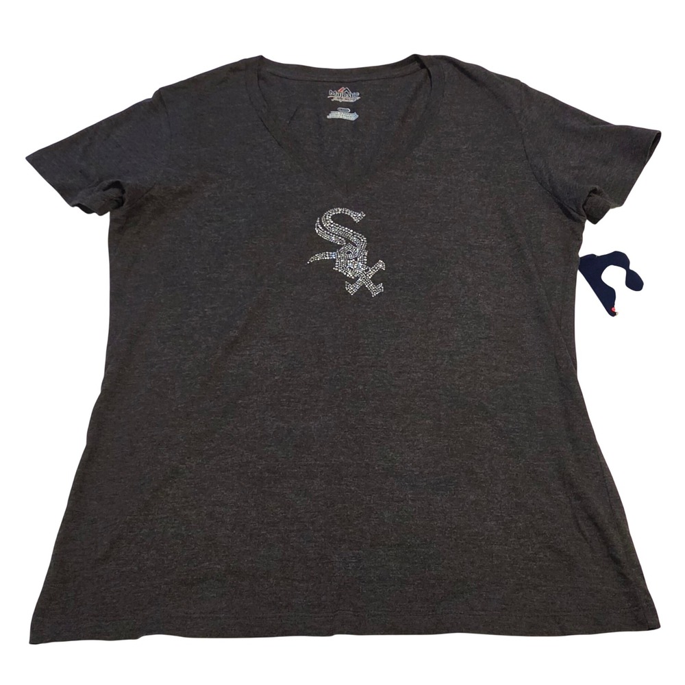 Majestic T-Shirt Womens XL Grey New Chicago White Sox Rhinestone V-Neck